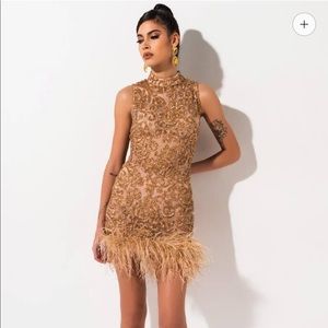 Akira Feather Trim Nude/Gold dress